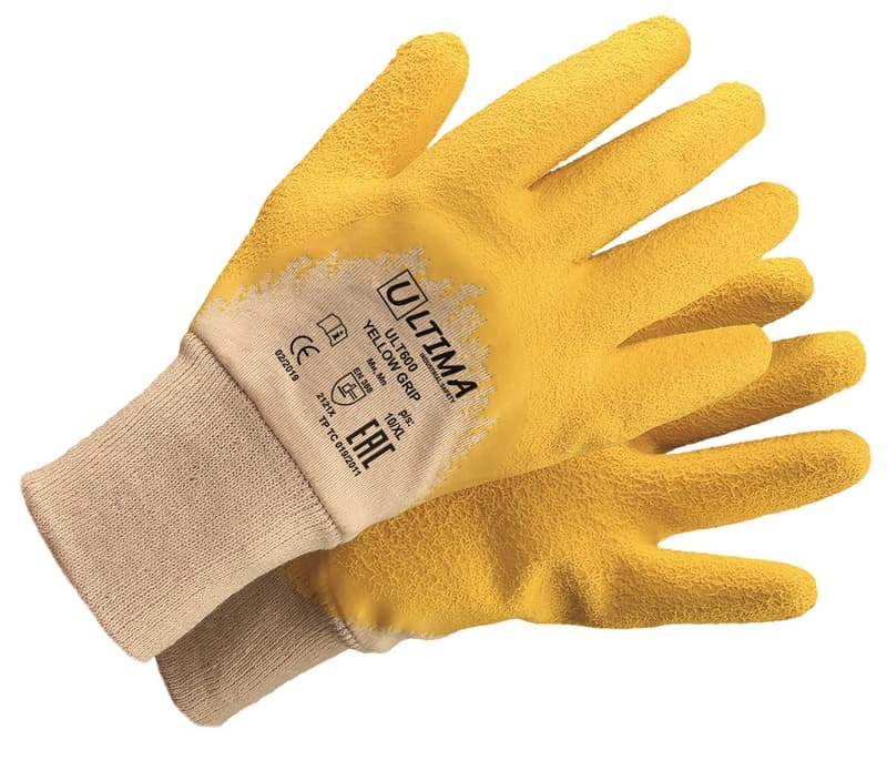 Перчатки YELLOW GRIP трикотажные хб с латексным ребристым покрытием ULT600 (кор144 пары/ уп 12 пар)